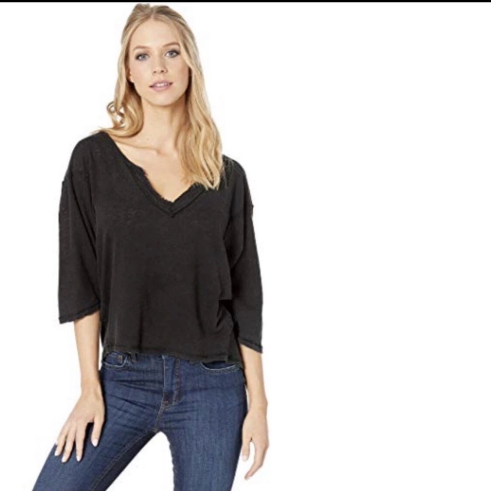 Free People We the Free Head In The Clouds Linen Blend Tee Black Size Small